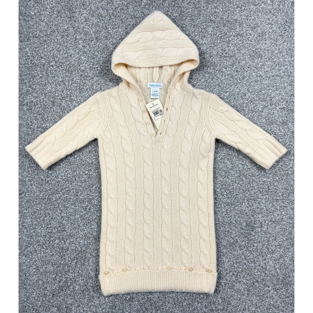 Ralph Lauren Baby Bunting 100% Cashmere Cable Knit Hooded Cream One Size NWT